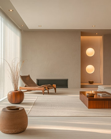A spacious living area features a wooden chair, a low coffee table, and natural decor elements. Soft lighting enhances the calm atmosphere, ideal for relaxation and mindfulness.の素材