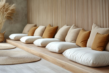 A comfortable seating area features large, soft cushions in neutral tones against a textured backdrop. Natural elements like dried plants add warmth to the inviting setting.の素材