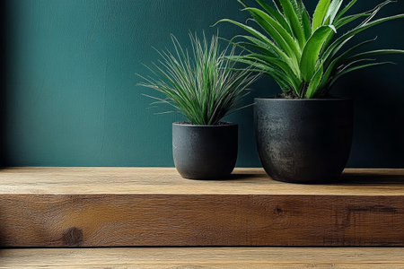 A collection of two potted plants sits on a wooden shelf. The large plant has long, spiky leaves, while the smaller one features softer foliage. The dark pot contrasts with the rich green wall.の素材