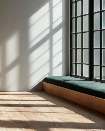 Soft morning light streams through a large window, creating intricate shadows on a light wooden floor. A green cushioned seat offers a comfortable spot to relax and enjoy the ambiance.の素材
