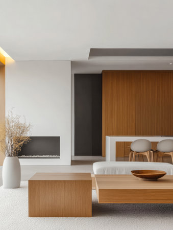 A stylish living room displays a contemporary aesthetic with wooden furniture, soft textures, and a decorative vase. Natural light enhances the warm atmosphere.の素材