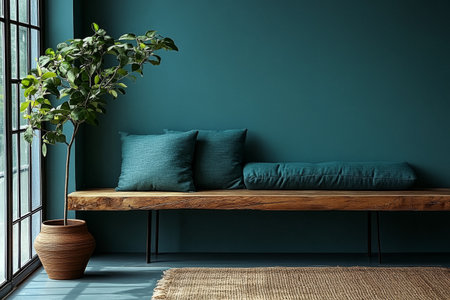A modern living room features a wooden bench adorned with teal cushions against a striking teal wall. A green plant in a pot adds a touch of nature to the stylish decor.の素材