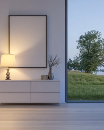 Cozy living space showcases a modern design with a sleek cabinet, warm lamp illumination, and a large window showcasing lush greenery at twilight.の素材