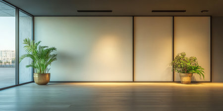 A spacious room showcases a minimalist design with large windows. Two potted plants add a touch of greenery to the contemporary setting, creating a serene atmosphere.の素材