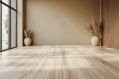 A spacious, minimalist room features light wood flooring and soft golden light filtering through large windows. Decorative plants add a touch of nature to the serene space.の素材