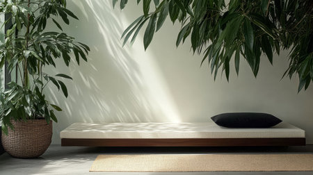 A tranquil seating area features a low-profile bench against a simple wall. Lush green plants add life while sunlight casts gentle shadows across the space, creating a calming atmosphere.の素材