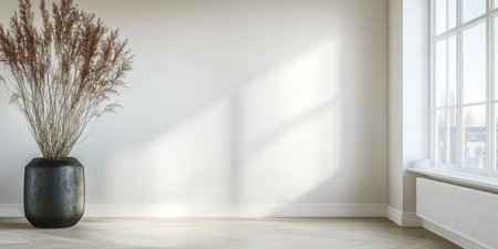 Bright and airy indoor space featuring a tall black vase filled with dried plants. Soft sunlight streams through large windows, creating a calm and minimalist atmosphere.の素材