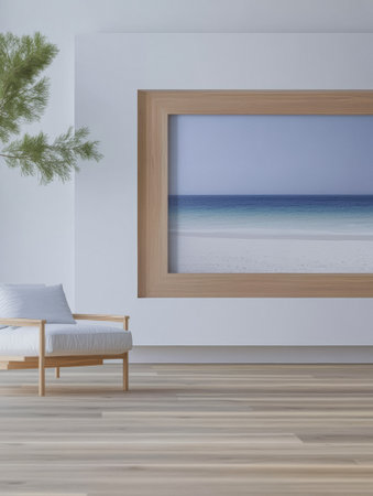 A serene beach landscape artwork is prominently featured on a white wall in a stylish living space. The modern chair complements the tranquil atmosphere, enhancing the peaceful setting.の素材