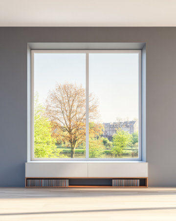 A bright living room features a large window that opens up to a serene view of trees and greenery outside. Sunlight fills the space, creating a peaceful atmosphere.の素材