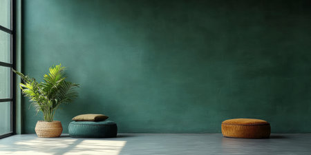 Bright interior room showcases two stylish poufs and a lush palm plant beside expansive windows. The green walls create a calming atmosphere bathed in natural light.の素材