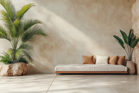 Soft sunlight filters through a spacious room featuring a comfortable minimalist sofa adorned with plush pillows. Lush greenery enhances the inviting atmosphere, creating a serene escape.の素材