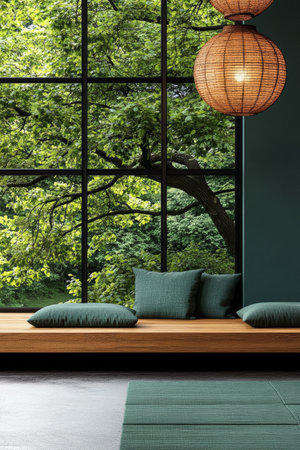 A serene living space features a wooden bench adorned with cushions, large windows showcasing abundant greenery outside, creating a calming atmosphere perfect for relaxation.の素材