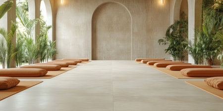 A calm indoor space designed for meditation, featuring orange cushions laid out on a light floor. Lush green plants surround the area, creating a serene atmosphere.の素材