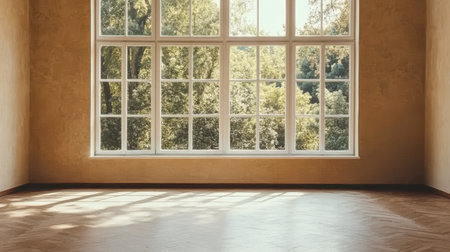 Sunlight streams into a vacant room through expansive windows, illuminating the wooden floor. Outside, lush greenery offers a peaceful view, creating a tranquil atmosphere.の素材