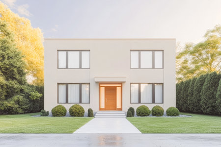 A contemporary house features smooth lines and large windows, nestled among well-maintained bushes. The sunny setting highlights a peaceful suburban atmosphere.の素材