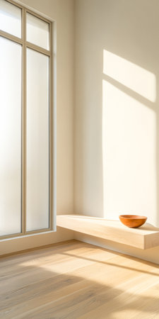 Sunlight fills a spacious corner of a modern room during the afternoon. A simple wooden bowl rests on a light wooden shelf, creating a serene atmosphere.の素材