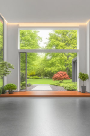 Sunlight streams through large windows of a contemporary interior, showcasing a vibrant garden with greenery and colorful plants outside. A serene atmosphere is created.の素材