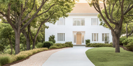 A charming white house stands elegantly among green trees on a bright day. A neatly paved walkway leads to the front door, enhancing the welcoming atmosphere.の素材