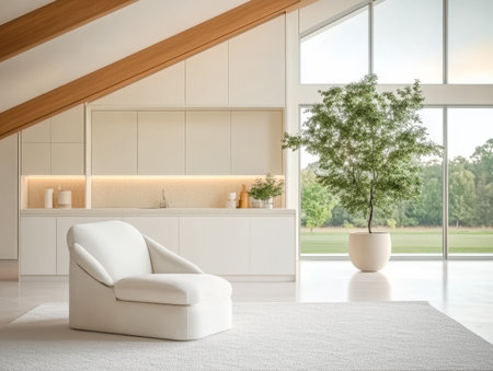 A bright, spacious room features a white chair in front of large windows. Natural light illuminates the minimalist decor and a tree in a pot adds a touch of greenery.の素材