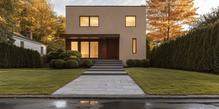 A contemporary house stands proudly with large windows and clean lines, framed by vibrant autumn foliage. The well-maintained lawn and pathway invite visitors for a closer look.の素材