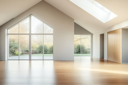 Bright and airy living area features large windows allowing natural light to flood the space. Neutral tones enhance the spacious feel, overlooking a serene outdoor garden.の素材
