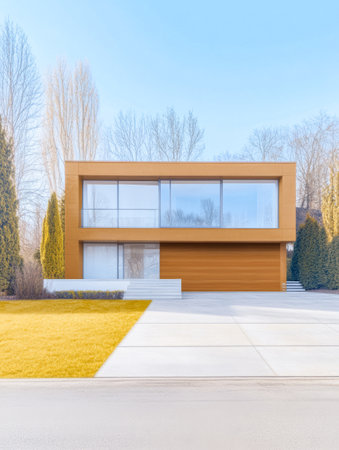 This contemporary house features clean lines and a striking wooden facade. Surrounded by greenery, it embodies modern living with a spacious lawn and ample sunlight.の素材
