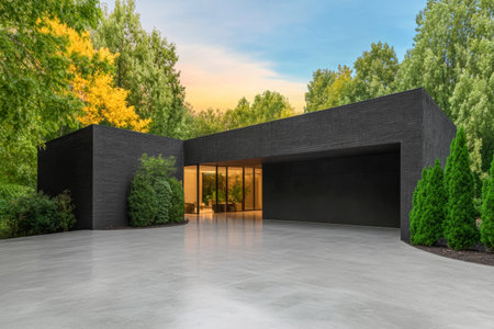 This contemporary residence features a sleek black facade and large windows, showcasing an inviting interior illuminated by warm twilight, amidst vibrant trees.の素材