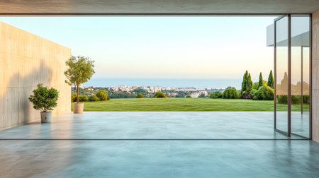 A modern terrace opens to a stunning view of a lush landscape and city skyline at dawn. The light casts a warm glow on the pristine architecture and greenery.の素材
