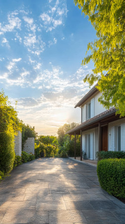 A tranquil residential path is bathed in golden sunlight as the day transitions to evening. The house stands gracefully amid lush greenery, creating a peaceful atmosphere.の素材