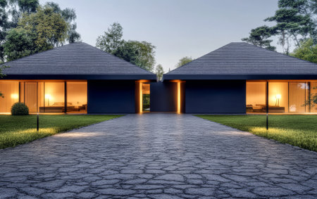 Two modern houses with sleek designs and glowing interiors stand amidst lush greenery at twilight, showcasing a harmonious blend of nature and contemporary architecture.の素材