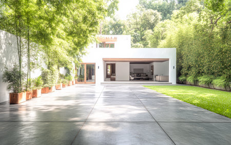 A contemporary home features a sleek design with large windows and an open layout, surrounded by lush greenery and well-maintained gardens in daylight.の素材