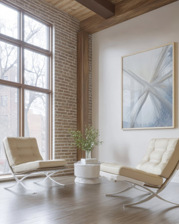 A contemporary living area features two sleek chairs in beige, positioned near large windows showcasing natural light. A round table with greenery adds a calming touch to the space.の素材