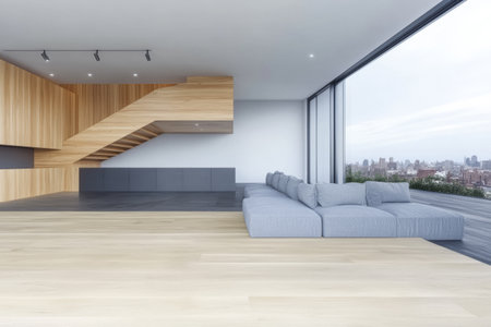 This contemporary living room features a spacious layout with a cozy gray sofa, large glass windows showcasing a city view, and stylish wooden elements. Natural light floods the space.の素材