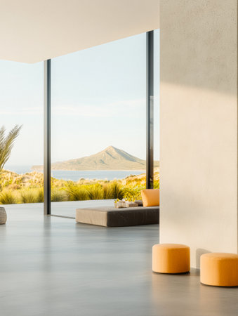 Brightly lit interior showcases minimalist design with a stunning mountain view. Comfortable seating complements the serene atmosphere, highlighting the beauty of Lanzarote's landscape.の素材