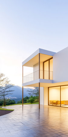 A modern house features large glass windows and a balcony, surrounded by greenery and mountains. The sky is illuminated with warm colors during sunset, creating a tranquil atmosphere.の素材