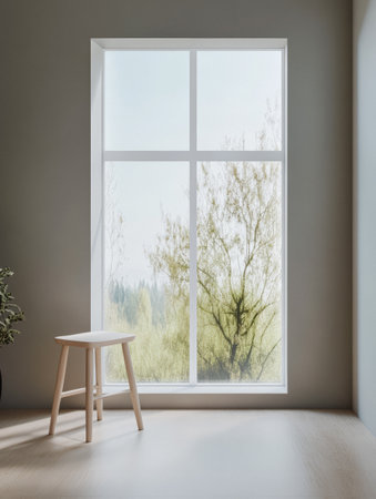 Bright light fills a minimalist interior with a large window showcasing lush greenery outside. A small wooden stool complements the serene setting during daytime.の素材