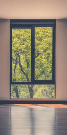 Bright interior space showcases a large window framing lush green trees outside. Sunlight filters in, creating a serene atmosphere and connecting indoor and outdoor elements.の素材