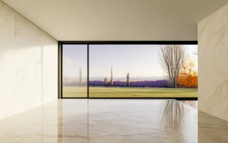 A spacious interior features sleek marble floors and large glass windows. Outside, rows of purple flowers and autumn trees near a tranquil landscape are illuminated by warm sunset light.の素材