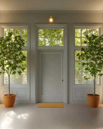 A spacious entrance features large windows allowing natural light to illuminate the area. Two potted trees add greenery while a simple welcome mat enhances the inviting atmosphere.の素材