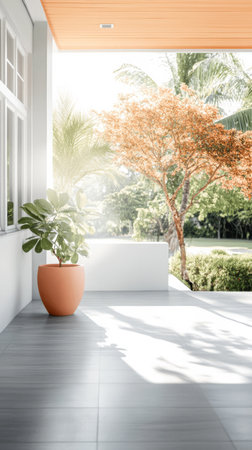 A serene outdoor patio bathed in warm sunlight showcases a stylish planter next to a vibrant tree, surrounded by lush greenery in a tropical environment.の素材