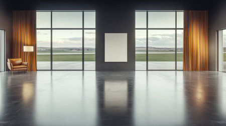 Spacious contemporary room features large windows offering a view of open fields and cloudy skies. Soft furnishings add a cozy touch to the minimalist design.の素材