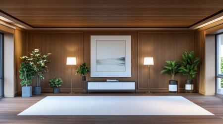 Bright and spacious interior features wooden walls, a simple console table, and stylish plants. The light from lamps adds warmth to the minimalist design, showcasing harmony and elegance.の素材