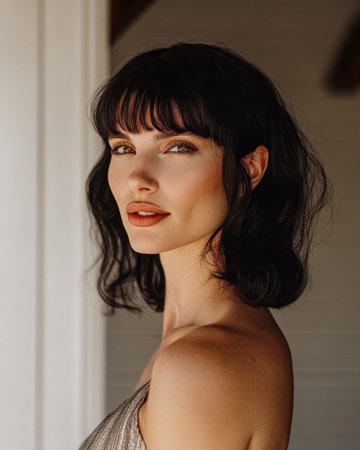 A woman with a stylish bob haircut and natural makeup poses near an open door. The soft natural light highlights her features as she gazes thoughtfully into the distance.の素材