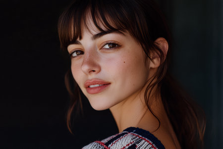 A woman with light skin and dark hair gazes thoughtfully over her shoulder, her natural beauty accentuated by soft lighting and subtle expression, creating an intimate atmosphere.の素材