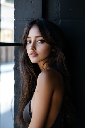 A young woman with long, flowing hair leans against a window frame in an urban environment. Soft light streams in, highlighting her features as she gazes thoughtfully.の素材