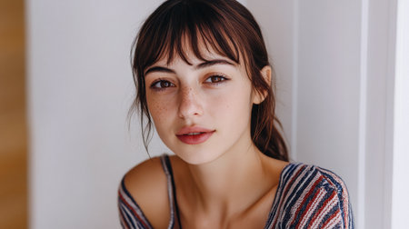 A young woman with dark, flowing hair and prominent freckles gazes softly at the camera. She sits in a bright, airy room, giving off a calm and inviting atmosphere.の素材
