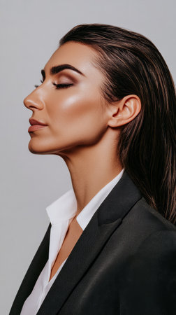 A confident woman poses in profile, displaying flawless makeup and a tailored suit in a minimalist studio. Her expression conveys poise and professionalism, enhancing the atmosphere of elegance.の素材