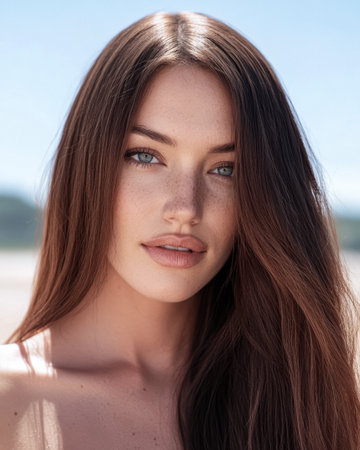 A woman with long, flowing brown hair and striking blue eyes stands on the beach, enjoying a sunny day. The calm ocean and clear sky create a serene backdrop.の素材