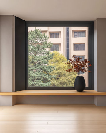 A serene interior space showcases a large window framing lush trees and contemporary buildings outside. Natural light floods the room, enhancing the peaceful atmosphere.の素材