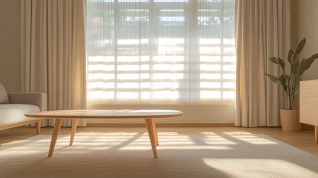 Sunlight streams through sheer curtains, illuminating a modern living room. A light wooden coffee table sits on a soft rug, complemented by indoor plants and minimalist decor.の素材